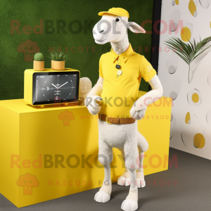 Lemon Yellow Boer Goat mascot costume character dressed with a Henley Shirt and Digital watches