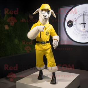 Lemon Yellow Boer Goat mascot costume character dressed with a Henley Shirt and Digital watches