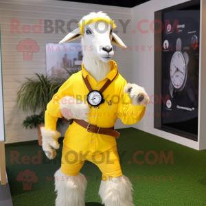 Lemon Yellow Boer Goat mascot costume character dressed with a Henley Shirt and Digital watches