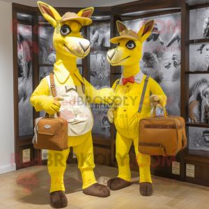 Yellow Donkey mascot costume character dressed with a Mom Jeans and Messenger bags