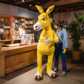 Yellow Donkey mascot costume character dressed with a Mom Jeans and Messenger bags