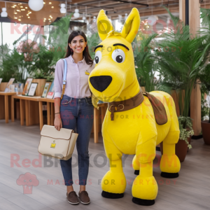 Yellow Donkey mascot costume character dressed with a Mom Jeans and Messenger bags