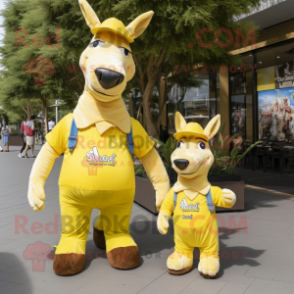 Yellow Donkey mascot costume character dressed with a Mom Jeans and Messenger bags