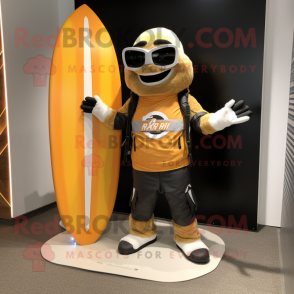 Tan Surfboard mascot costume character dressed with a Biker Jacket and Foot pads
