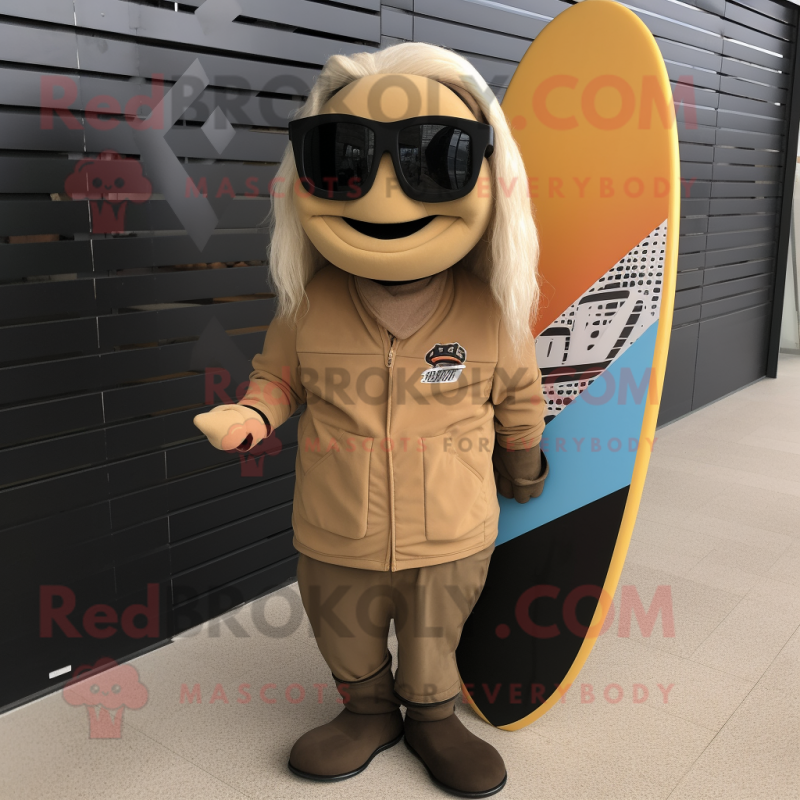 Tan Surfboard mascot costume character dressed with a Biker Jacket and Foot pads Tan Surfboard mascot costume character dressed with a Biker Jacket and Foot pads