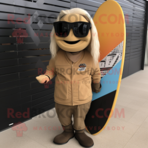 Tan Surfboard mascot costume character dressed with a Biker Jacket and Foot pads