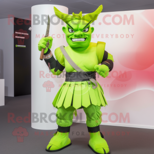 Lime Green Samurai mascot costume character dressed with a Pencil Skirt and Tie pins