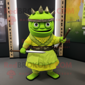 Lime Green Samurai mascot costume character dressed with a Pencil Skirt and Tie pins