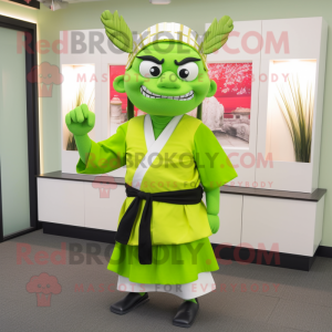 Lime Green Samurai mascot costume character dressed with a Pencil Skirt and Tie pins