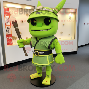 Lime Green Samurai mascot costume character dressed with a Pencil Skirt and Tie pins