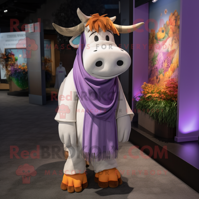 Lavender Guernsey Cow mascot costume character dressed with a Leggings and Shawls Lavender Guernsey Cow mascot costume character dressed with a Leggings and Shawls