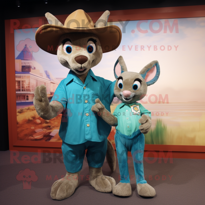 Teal Kangaroo mascot costume character dressed with a Mom Jeans and Hat pins