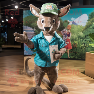 Teal Kangaroo mascot costume character dressed with a Mom Jeans and Hat pins