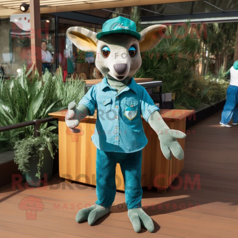 Teal Kangaroo mascot costume character dressed with a Mom Jeans and Hat pins