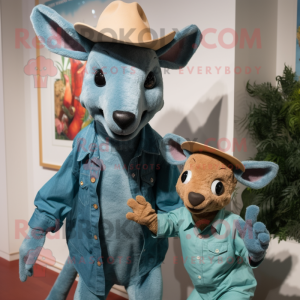 Teal Kangaroo mascot costume character dressed with a Mom Jeans and Hat pins