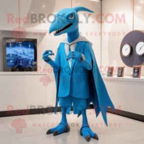 Blue Pterodactyl mascot costume character dressed with a Coat and Bracelet watches