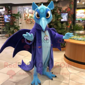Blue Pterodactyl mascot costume character dressed with a Coat and Bracelet watches