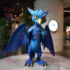 Blue Pterodactyl mascot costume character dressed with a Coat and Bracelet watches