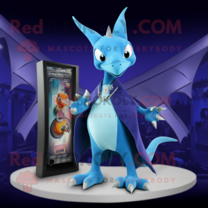 Blue Pterodactyl mascot costume character dressed with a Coat and Bracelet watches