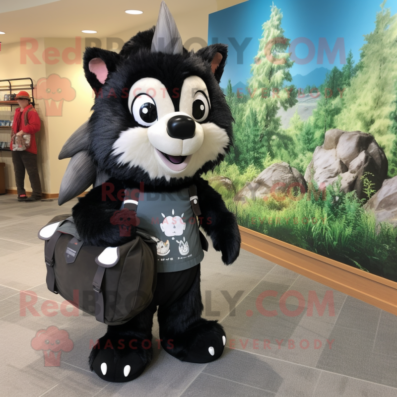 Black Skunk mascot costume character dressed with a Dress and Messenger bags Black Skunk mascot costume character dressed with a Dress and Messenger bags