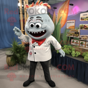 Silver Ceviche mascot costume character dressed with a Dress Pants and Lapel pins