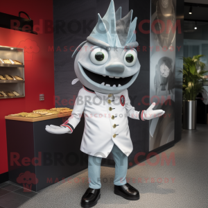 Silver Ceviche mascot costume character dressed with a Dress Pants and Lapel pins
