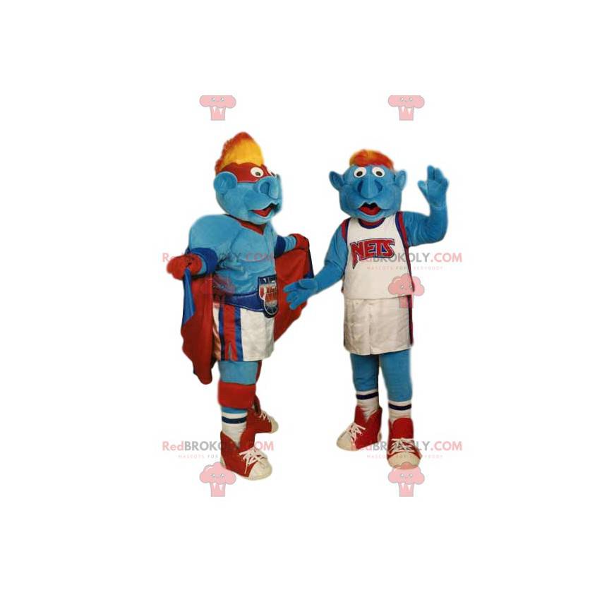 Duo de mascottes de super-héros et de joueur de basket ball -