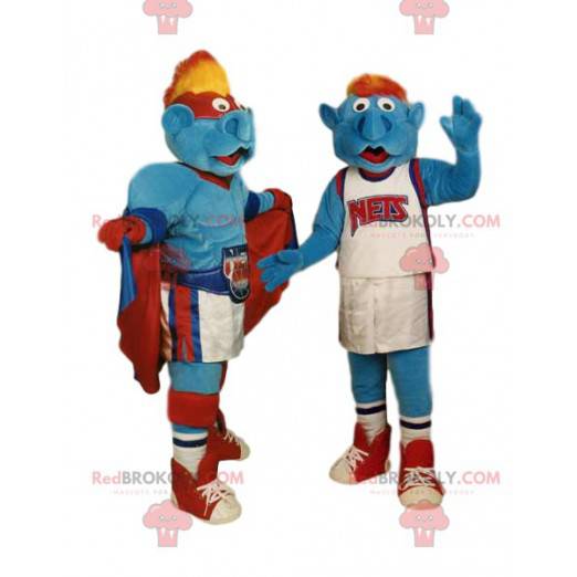 Duo de mascottes de super-héros et de joueur de basket ball -
