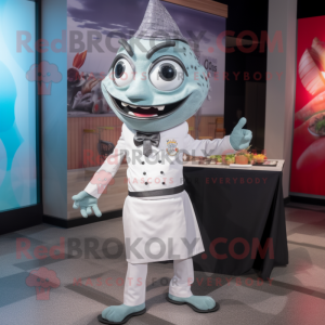Silver Ceviche mascot costume character dressed with a Dress Pants and Lapel pins
