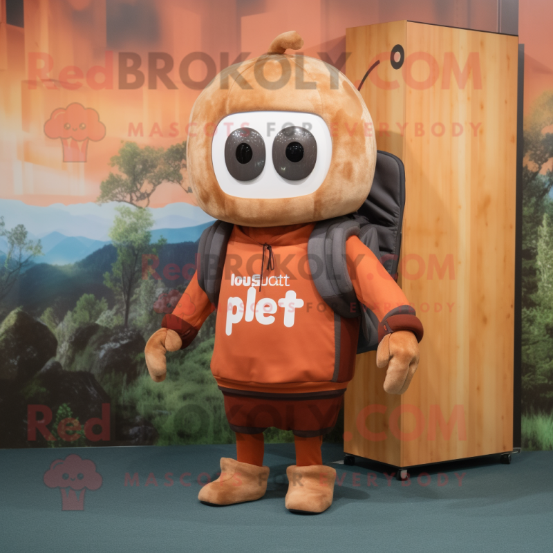 Rust Computer mascot costume character dressed with a Sweater and Backpacks Rust Computer mascot costume character dressed with a Sweater and Backpacks