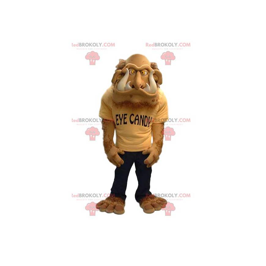 Hairy beige monster mascot with huge teeth - Redbrokoly.com