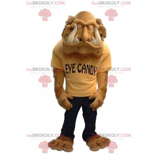 Hairy beige monster mascot with huge teeth - Redbrokoly.com