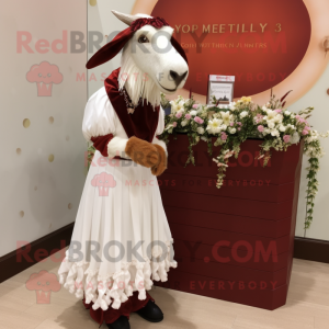 Maroon Boer Goat mascot costume character dressed with a Wedding Dress and Brooches