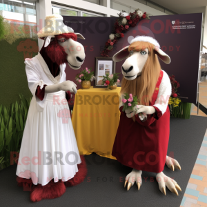 Maroon Boer Goat mascot costume character dressed with a Wedding Dress and Brooches