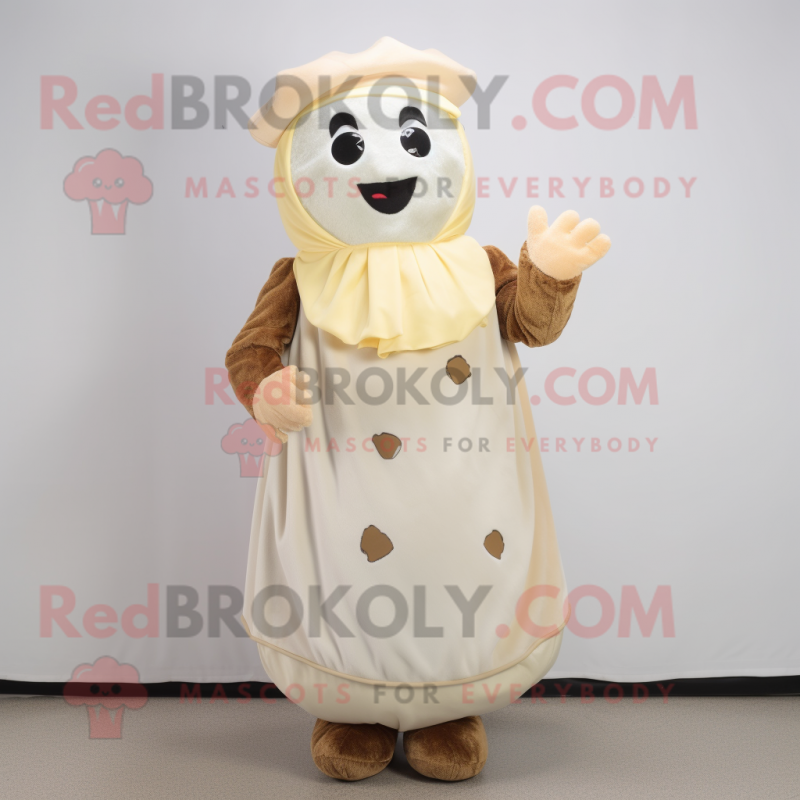 Cream Potato mascot costume character dressed with a Dress and Mittens Cream Potato mascot costume character dressed with a Dress and Mittens