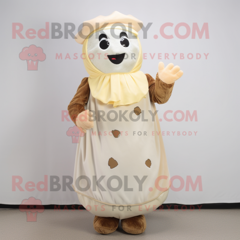 Cream Potato mascot costume character dressed with a Dress and Mittens