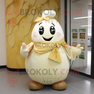 Cream Potato mascot costume character dressed with a Dress and Mittens