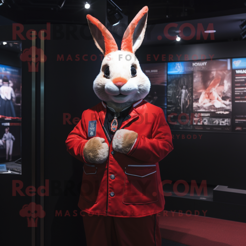 Red Rabbit mascot costume character dressed with a Jacket and Lapel pins