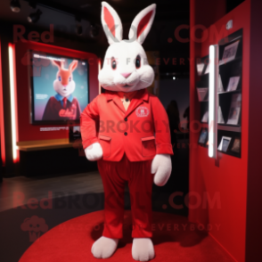 Red Rabbit mascot costume character dressed with a Jacket and Lapel pins