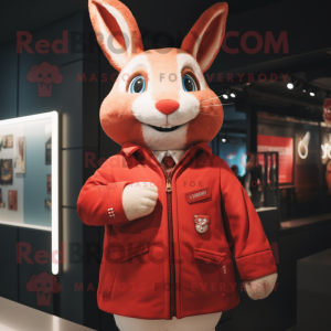 Red Rabbit mascot costume character dressed with a Jacket and Lapel pins