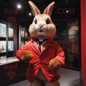 Red Rabbit mascot costume character dressed with a Jacket and Lapel pins