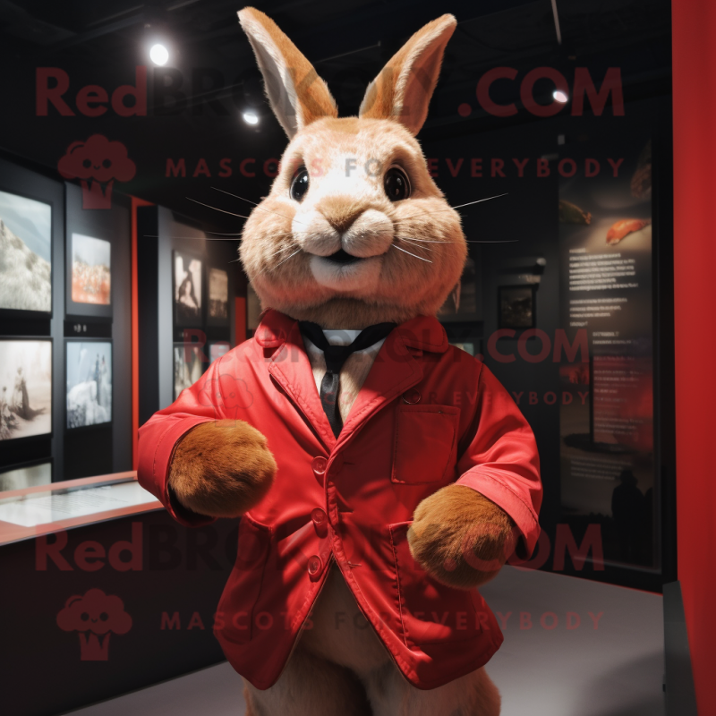 Red Rabbit mascot costume character dressed with a Jacket and Lapel pins