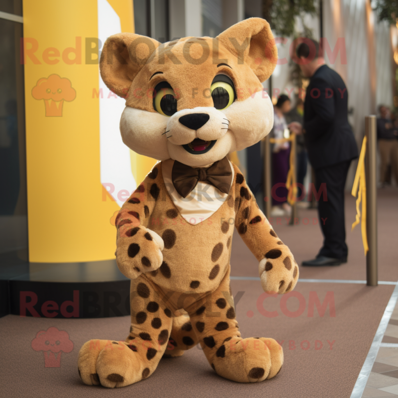 Brown Cheetah mascot costume character dressed with a Playsuit and Bow ties