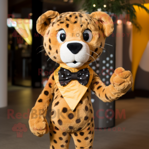 Brown Cheetah mascot costume character dressed with a Playsuit and Bow ties