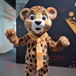 Brown Cheetah mascot costume character dressed with a Playsuit and Bow ties