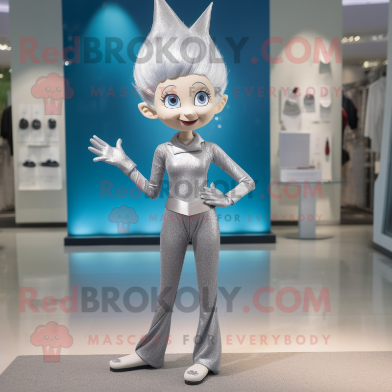 Silver Elf mascot costume character dressed with a Yoga Pants and Hair clips