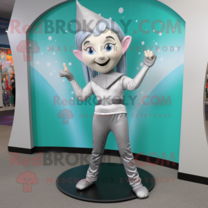 Silver Elf mascot costume character dressed with a Yoga Pants and Hair clips