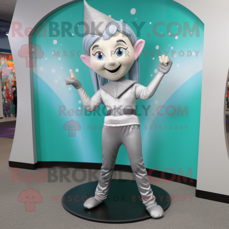 Silver Elf mascot costume character dressed with a Yoga Pants and Hair clips
