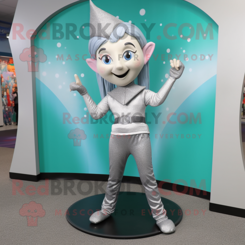 Silver Elf mascot costume character dressed with a Yoga Pants and Hair clips Silver Elf mascot costume character dressed with a Yoga Pants and Hair clips