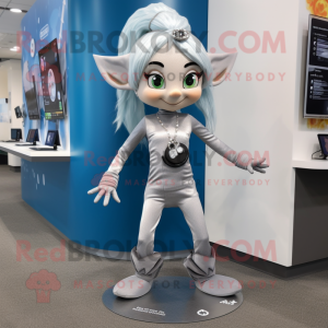 Silver Elf mascot costume character dressed with a Yoga Pants and Hair clips